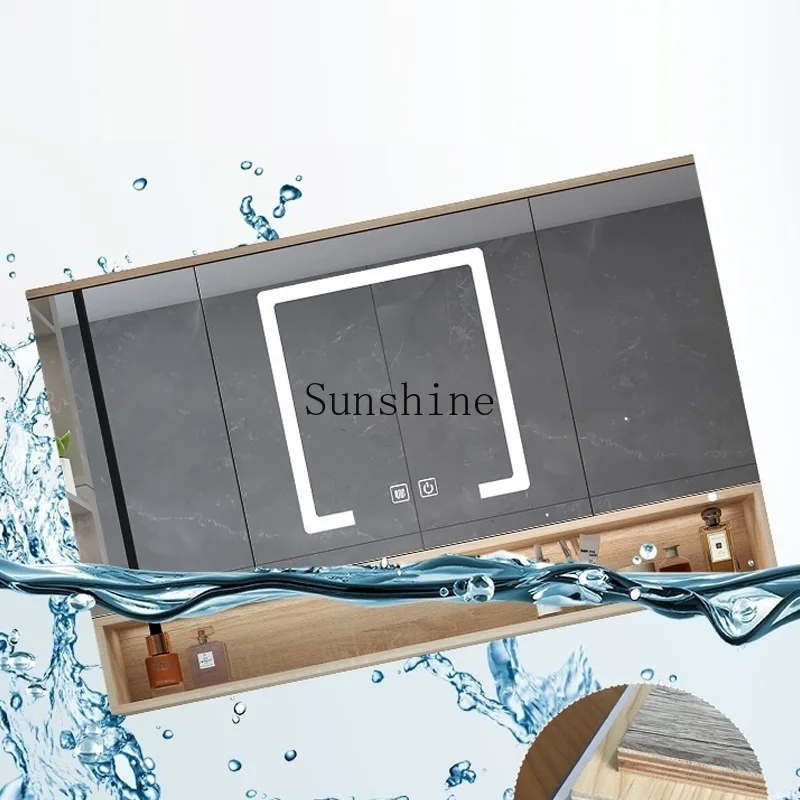 Paint-free solid wood bathroom intelligent hidden folding feng shui mirror cabinet, storage rack