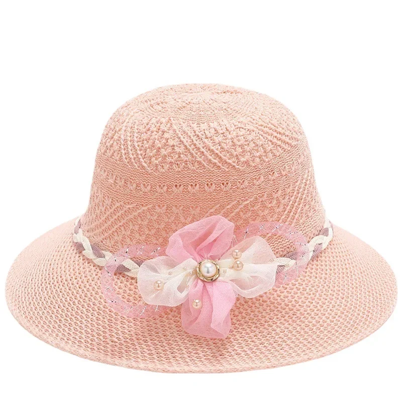 Pearl Flower Women Lace Sun Bucket Cap for Ladies Summer Beach Seaside Foldable Hollow Breathable Sunscreen Straw Hat Protection