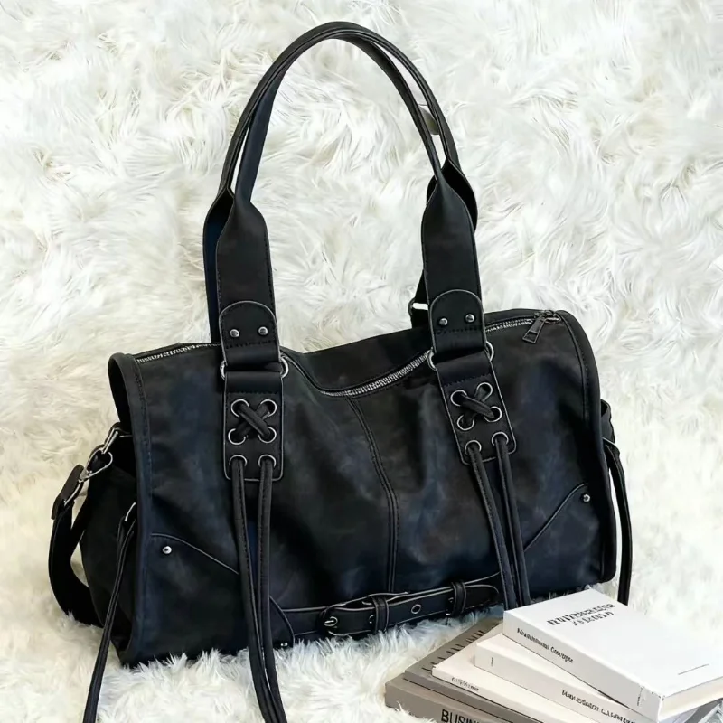 

Retro Motorcycle Handbag Women Horizontal Tote Storage Tassel Design Pillow Shoulder Bag Trendy Large Capacity Soft Underarm Bag