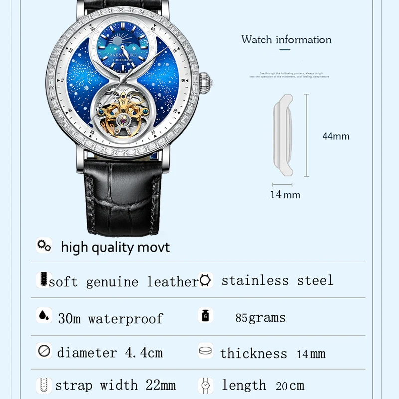 Starry Tourbillon Skeleton Automatic Watch for Men Luxury Diamond Moon Phase Mechanical Mens Watches Waterproof Montre Homme New