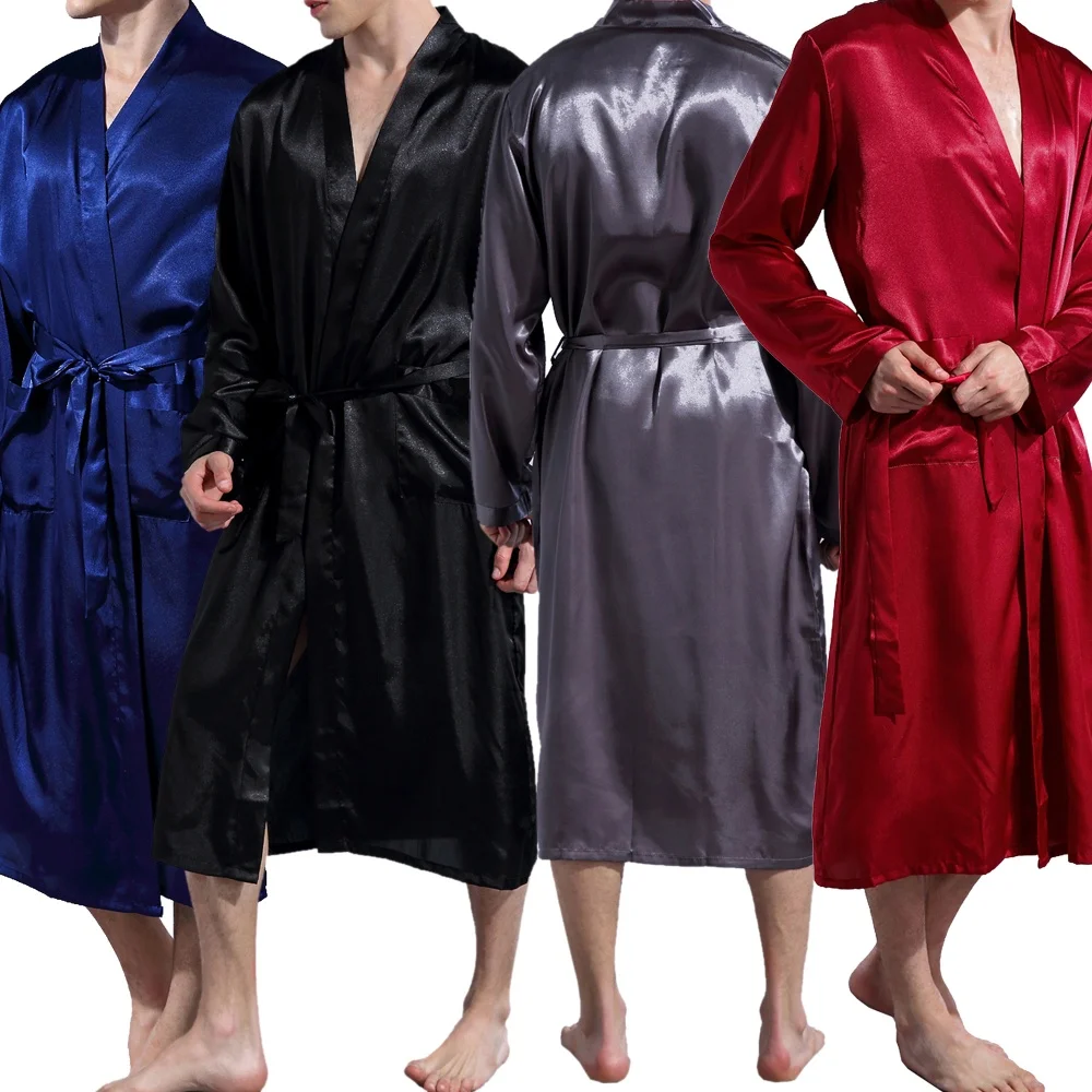 

Мужской однотонный гладкий атласный шелковый халат с длинными рукавами и v-образным вырезом, пижама, повседневный халат, домашняя одежда, свободная удобная ночная рубашка