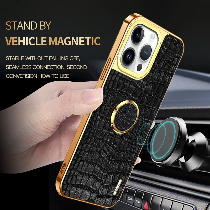 For IPhone 16 Pro Max 16E Crocodile PU Leather Soft Case Shockproof Magnetic Kickstand Ring Holder Silicone Cover Phone Cases
