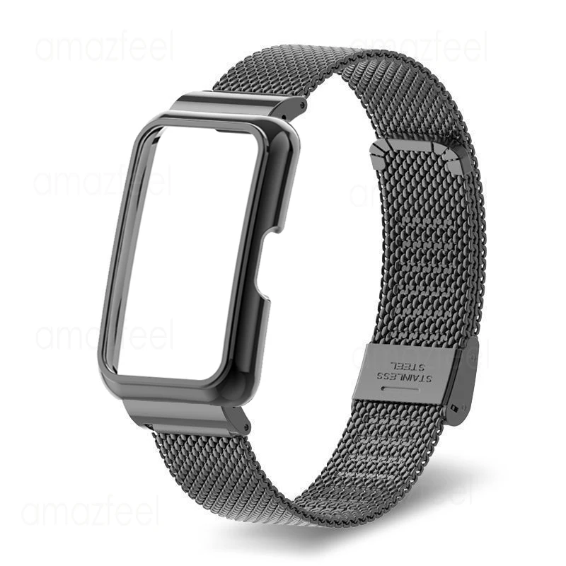 Pulseira de metal + protetor de capa para huawei band 9 8 7 6 pulseira de aço inoxidável para huawei band 7 6 capa protetora quadro escudo