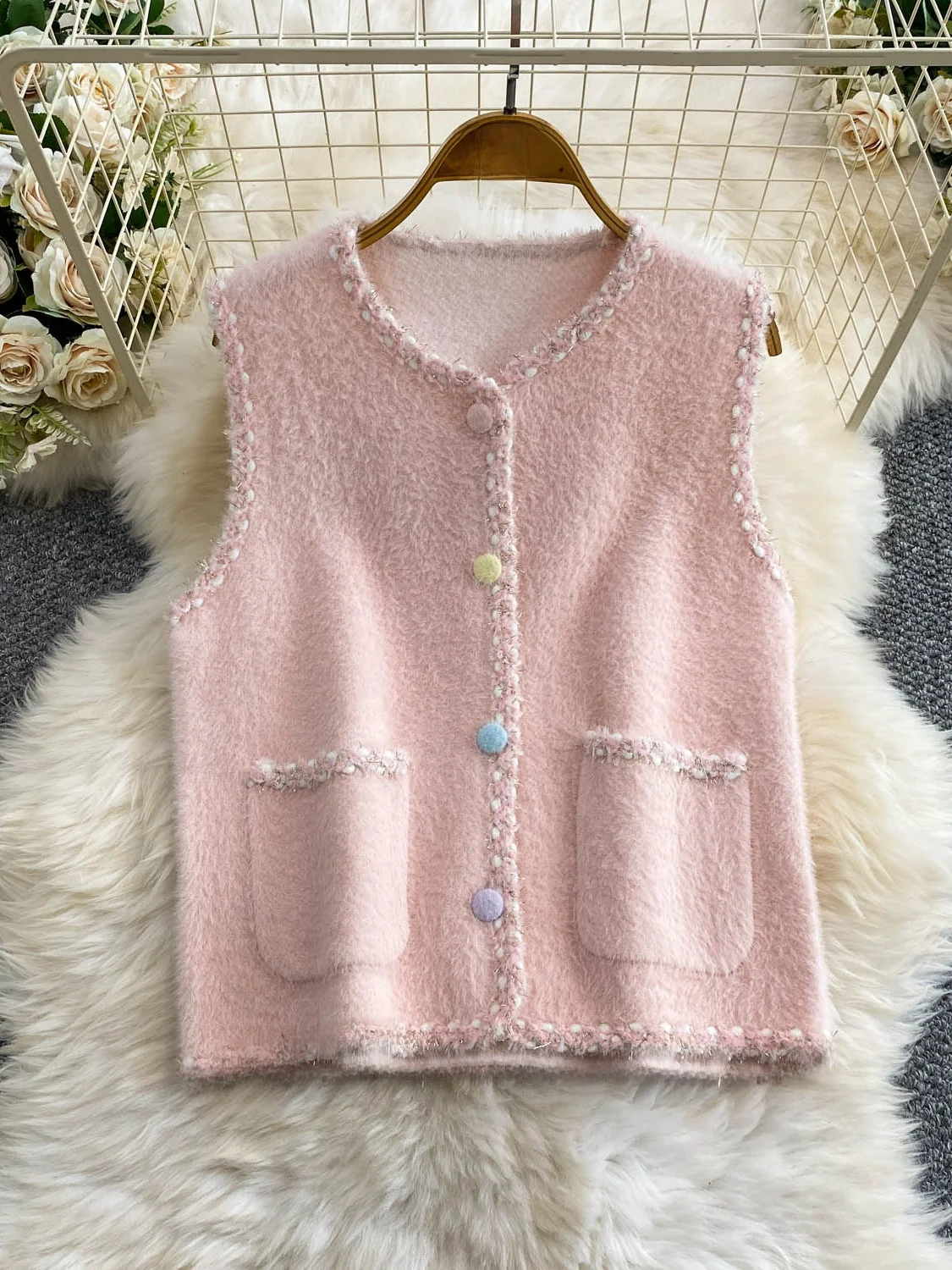 Elegant Young Women's Furry Jacket with Candy Button Lace Bright Thread round Neck Vest Warm City Commute Style Thickened Out...