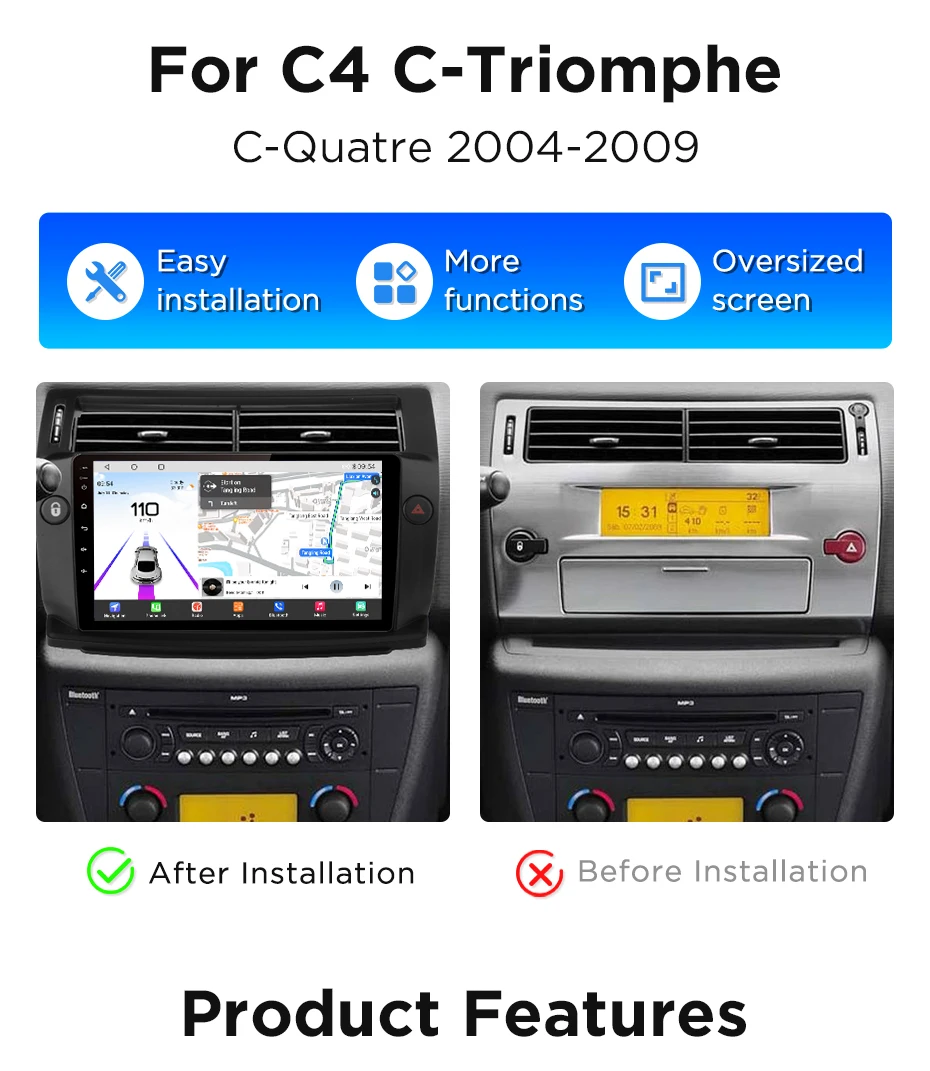 Junsun 360 ° Panoramakamera Autoradio für Citroen C4 C-Triomphe C-Quatre 2004-2009 Kabelloses CarPlay Android Auto Stereo GPS-Navigation – Detail 6