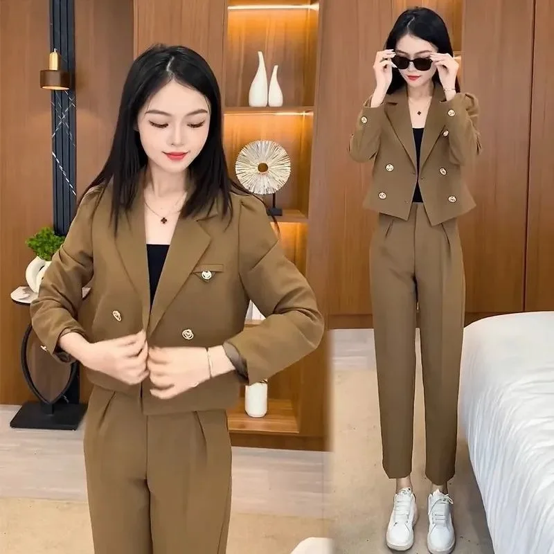 

Casual Short Suit Women's Spring and Autumn2025New High Waist Slimming Small Cropped Straight Pants Two-Piece Set