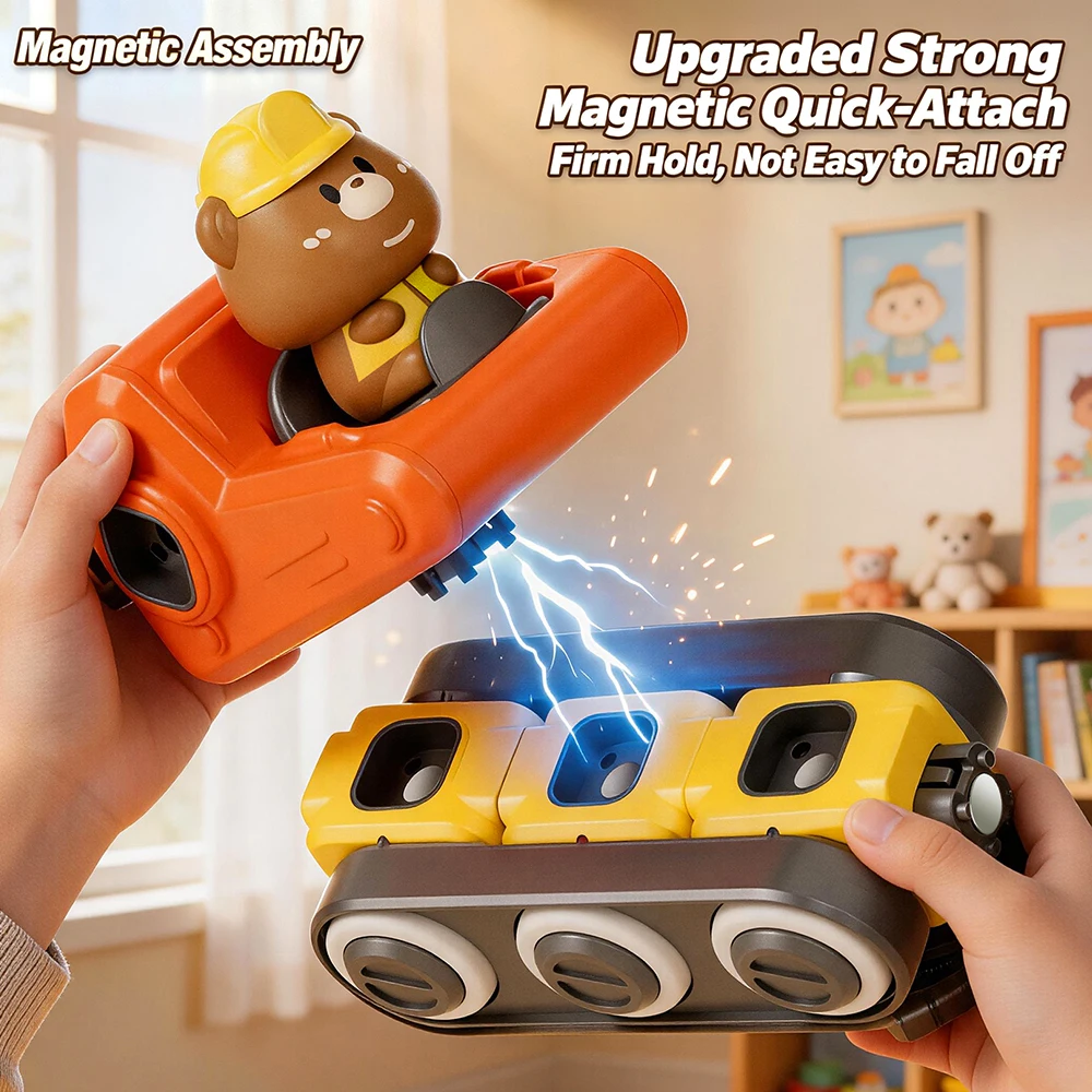 4 in 1 Magnetic Assembly Engineering Team Kids Toy Transformable Robot Magnetic Building Blocks Vehicle Set with Whistle Figure