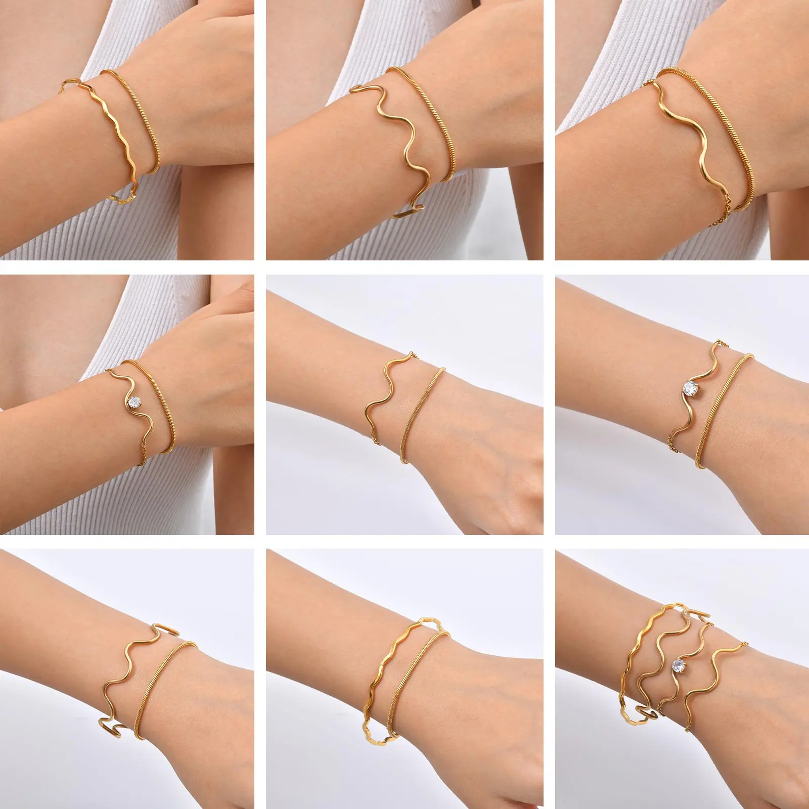 Wavy Curve Bangle Bracelet Set  Stainless Steel Single CZ Inlaid Open Cuff Bracelets Women Stackable Wrist Jewelry Gift
