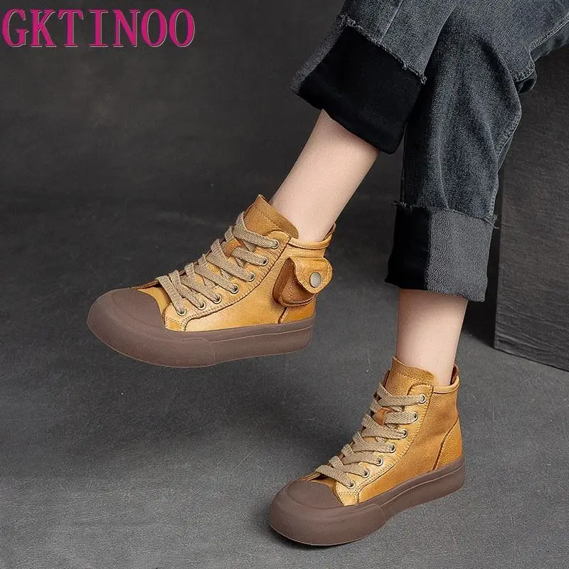 GKTINOO 2024 Autumn Winter New Retro Lace-up Flat Platform Shoes Genuine Leather Thick Soled Round Toe Casual Women\'s Shoes