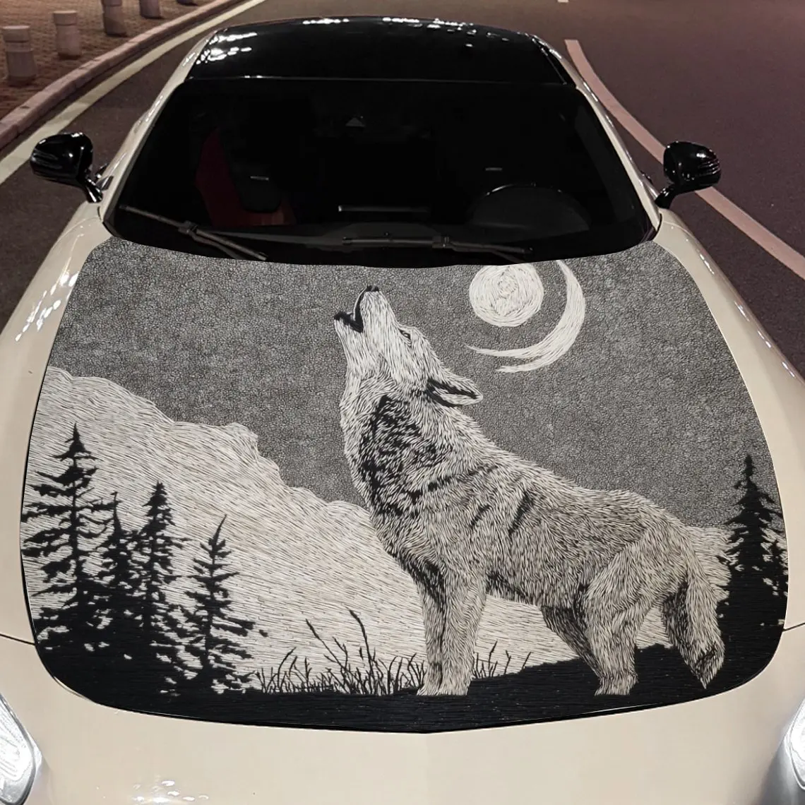 

Car Decals Wolf Howling In Mountain Forest Under Moonlight Car Hood Sticker, Waterproof Self - Adhesive Vinyl Graphics Decals, D