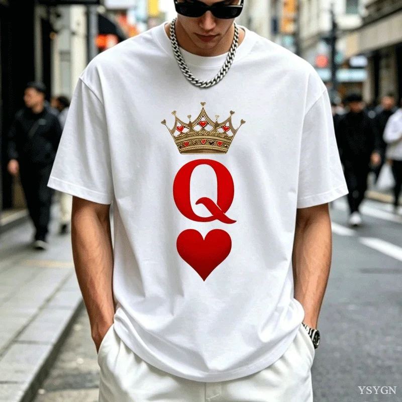 Queen of Hearts Mens T Shirt Luxury Crown Red Heart Letter Q Graphic Tee Short Sleeve Casual Dating Holiday Party Ladies Tops