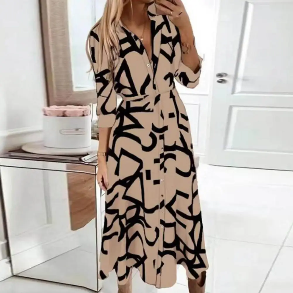 Spring Fall Women Dress Matching Lapel Loose Hem Lace Up Tight Waist Long Sleeve Buttons Printed Mid-calf Length Midi Dress