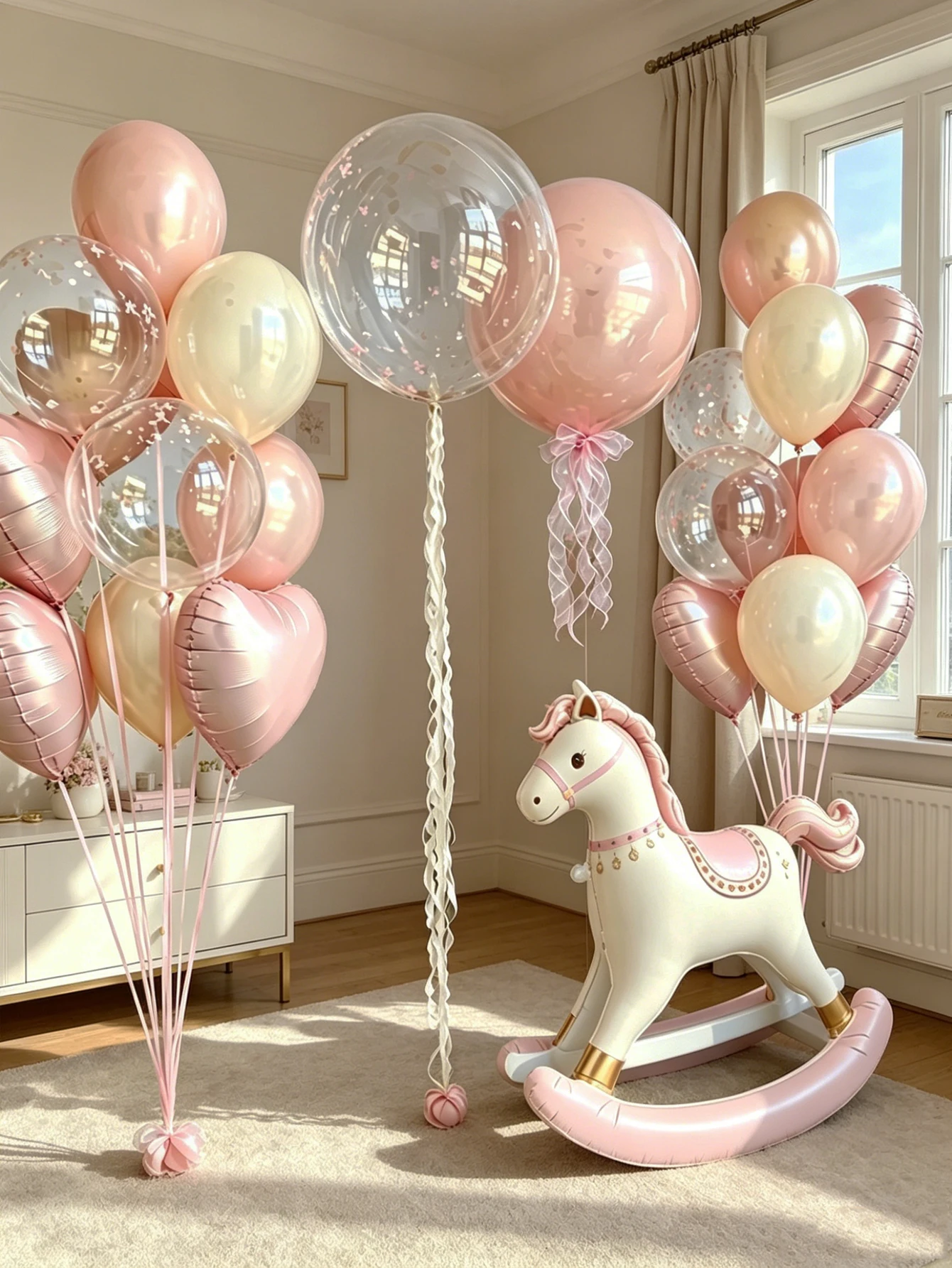 Rosa Trojaner-Ballon-Set, Rosa Schaukelpferd-Folienballon, Rosa Herzballon für Geburtstagsfeier, Babyparty-Dekoration – Detail 4