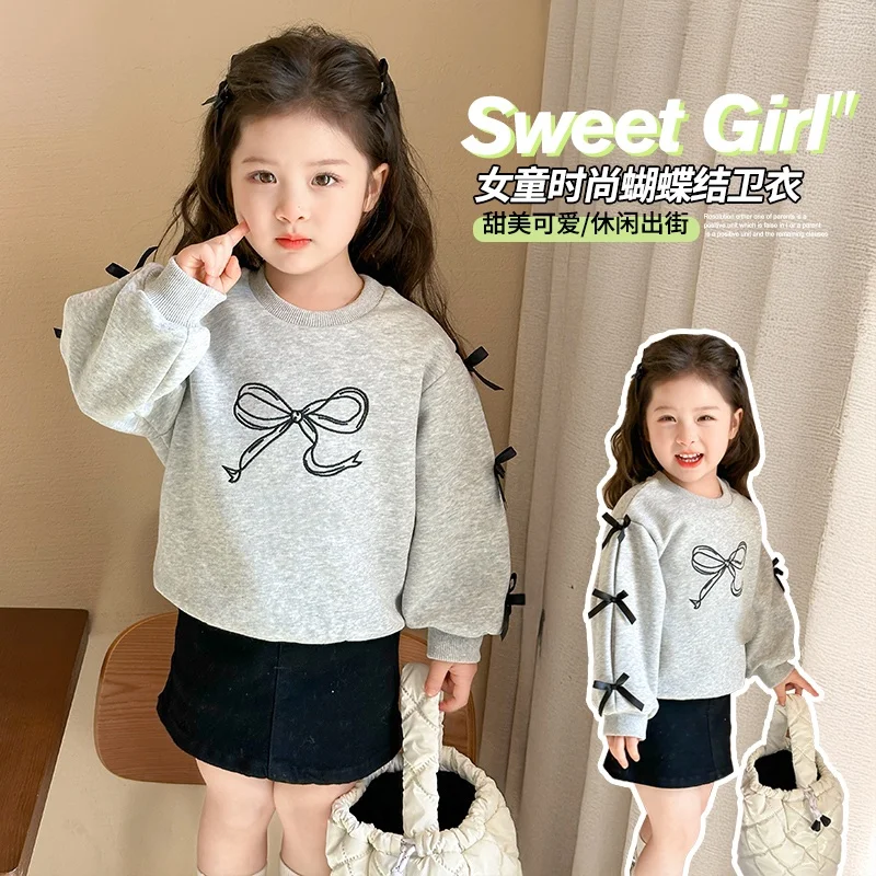 Girls Bow Print Crew Neck Sweatshirt Spring Autumn Kids Long Sleeve Pullover Top with Side Ribbon Bows Best seller