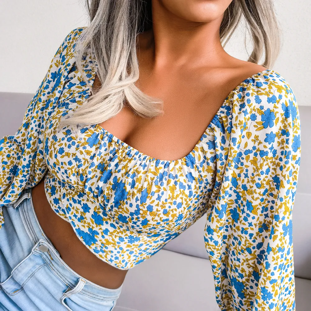 

Lantern Sleeve Bow Floral Chiffon Shirt Holiday Blouse Women's Sexy Square Neck Slim Fit Long Sleeved Crop Tops Блузка Женская