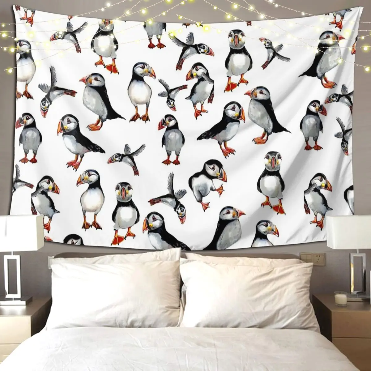 Puffins Pattern Tapestry Hippie Wall Hanging Aesthetic Home Decor Tapestries for Living Room Bedroom Dorm Room