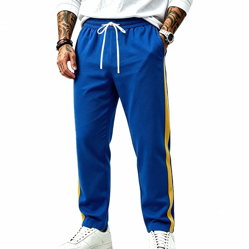 Men Contrast Side Striped Elastic Waist Drawstring Jogger Pants Pockets Sports Casual Trousers