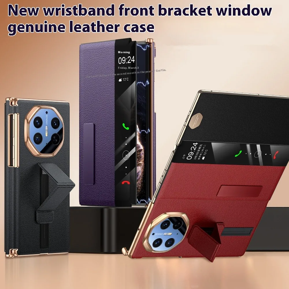 Luxury Two Way Kickstand Wristband Genuine Leather Case for Huawei Mate XT XTs Smart Window View Folding Protective Cover Funda