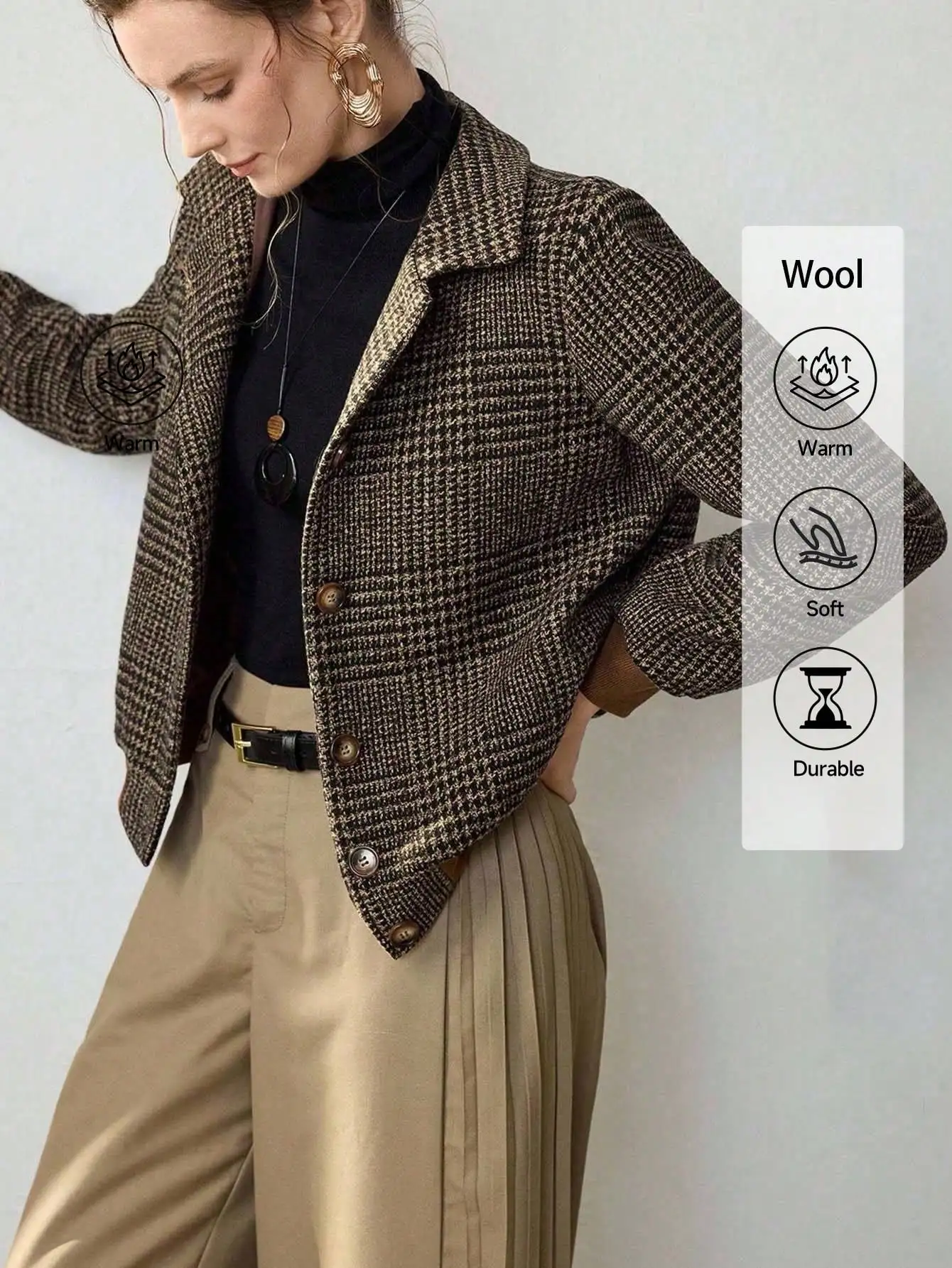 

Женская шерстяная куртка с отложным воротником и пуговицами, узор «гусиная лапка», теплая и прочная