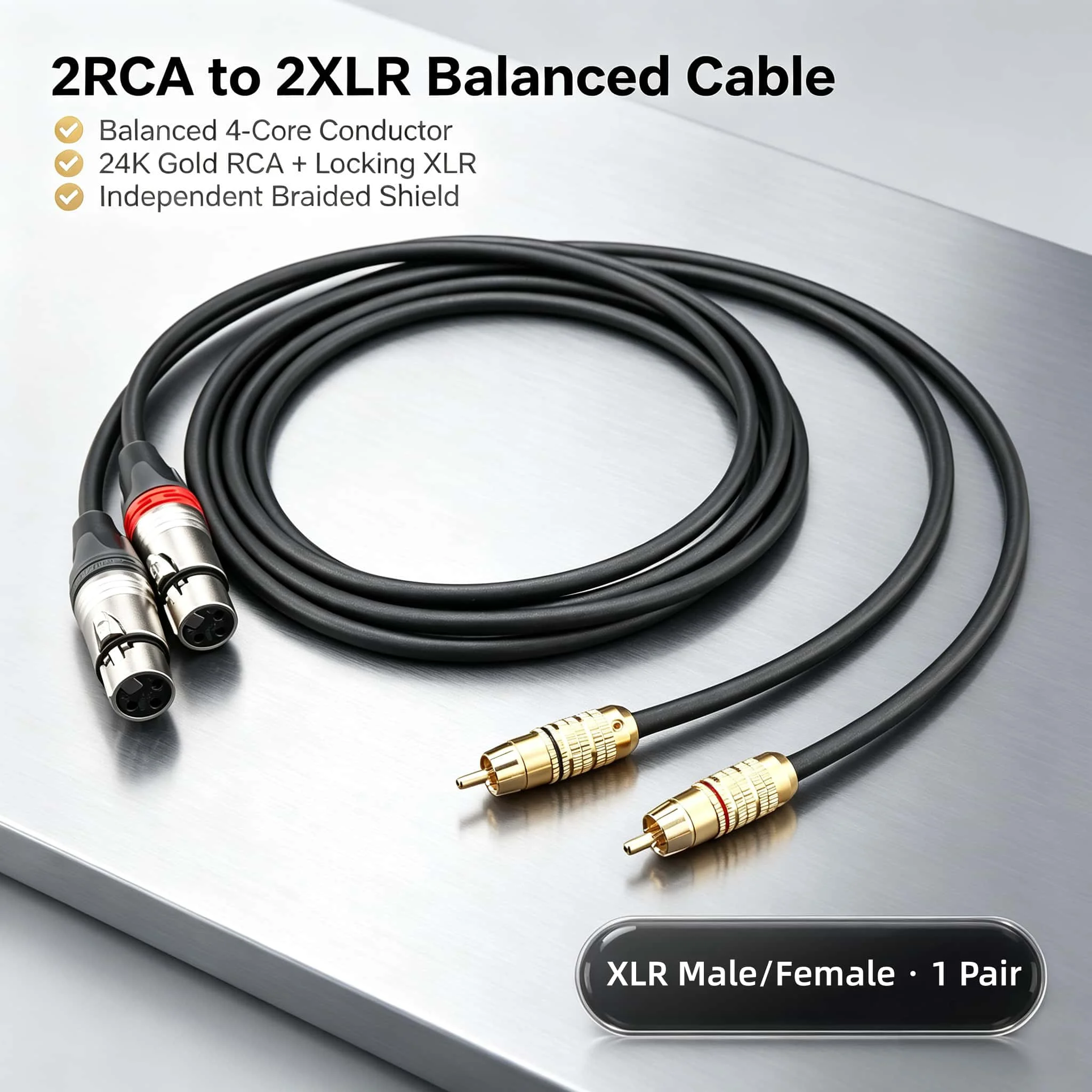 2RCA Male to Dual 3 Pin XLR Female/male  balanced RCA to XLR Adapter 24K Gold Plated Shielded Stereo Pair AMP DAC Mixer