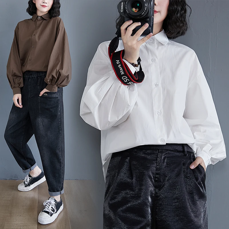 

Women Blouse Casual Tops Single-Breasted Female Design 2022 Spring Autumn Loose Korean Lantern Sleeve Shirt