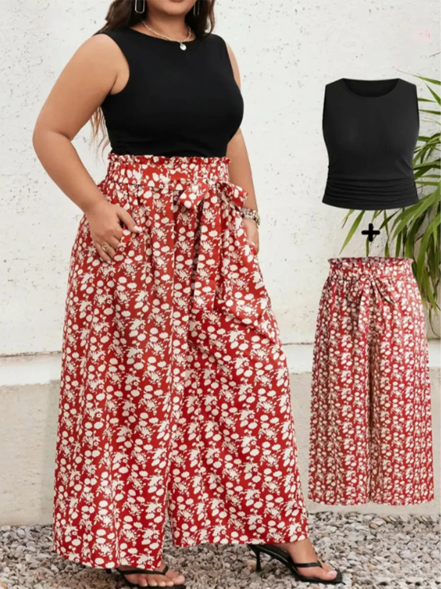 

Spring and Summer New Plus Size Set Floral Loose Casual Waist Trousers + Sleeveless Top