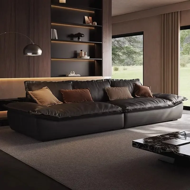 Sofa leather living room Italian minimalist first layer cowhide straight row black