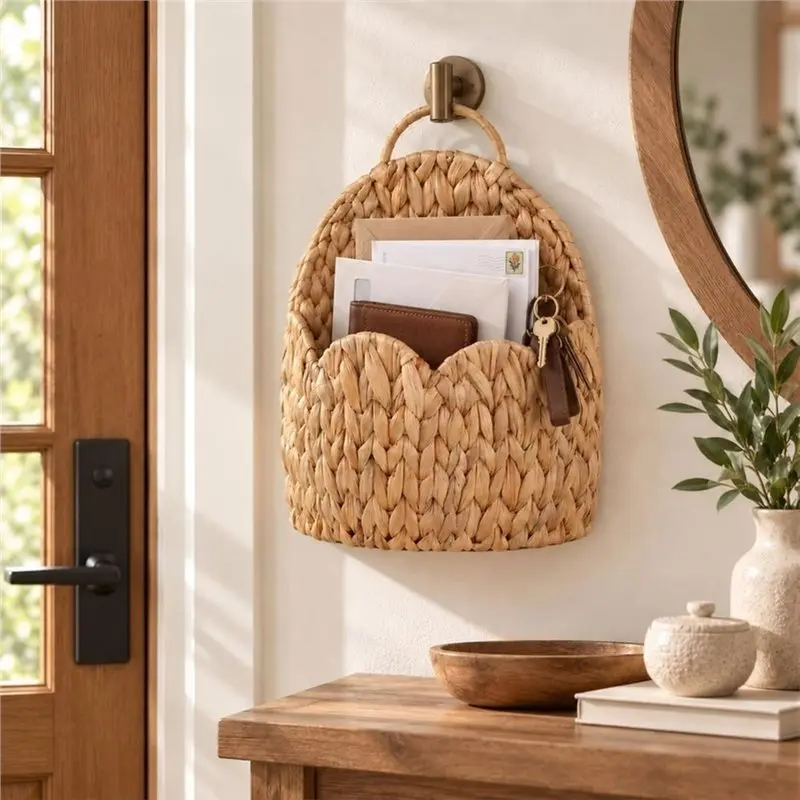 B08B-Hanging Wicker Basket With Handles, Water Hyacinth Basket- Farmhouse Style Wall Decor For Mail, Flowers, Entryway
