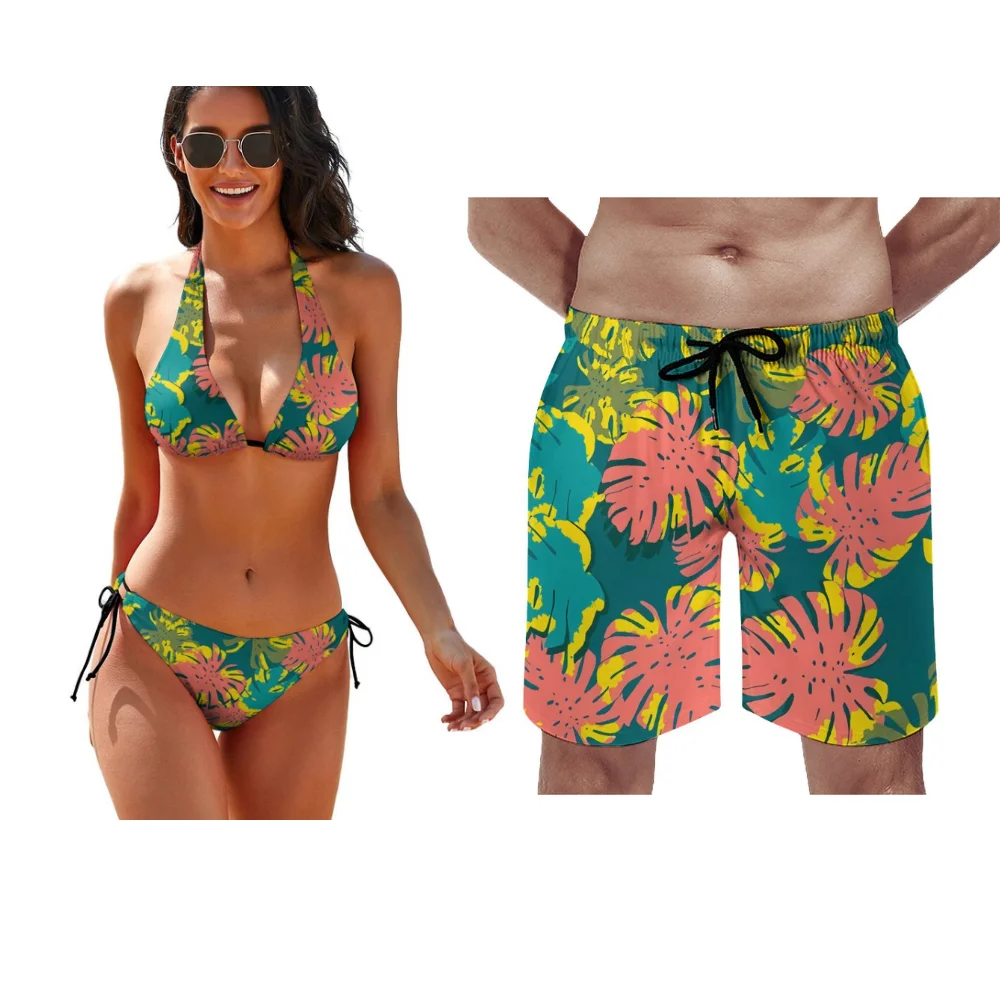 Beach Strap Bikini Polynesian Vintage Tribal Swimsuit With Breast Pad Custom Couple Swimsuit Men's Beach Pants Hawaii