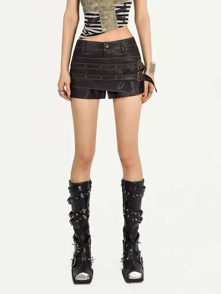 Fashion Wine Red PU Leather Shorts Women's High Waist Double Strap Buckle Hot Pants Autumn New F0DW