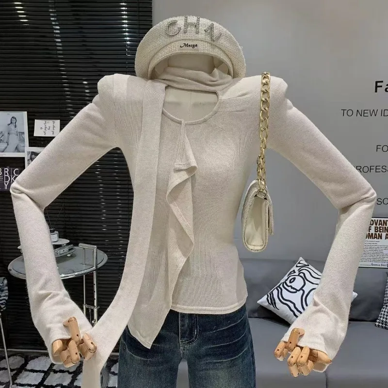 

Модный шарф с лентой в стиле ретро, вязаный свитер с длинными рукавами, утягивающая универсальная нижняя рубашка