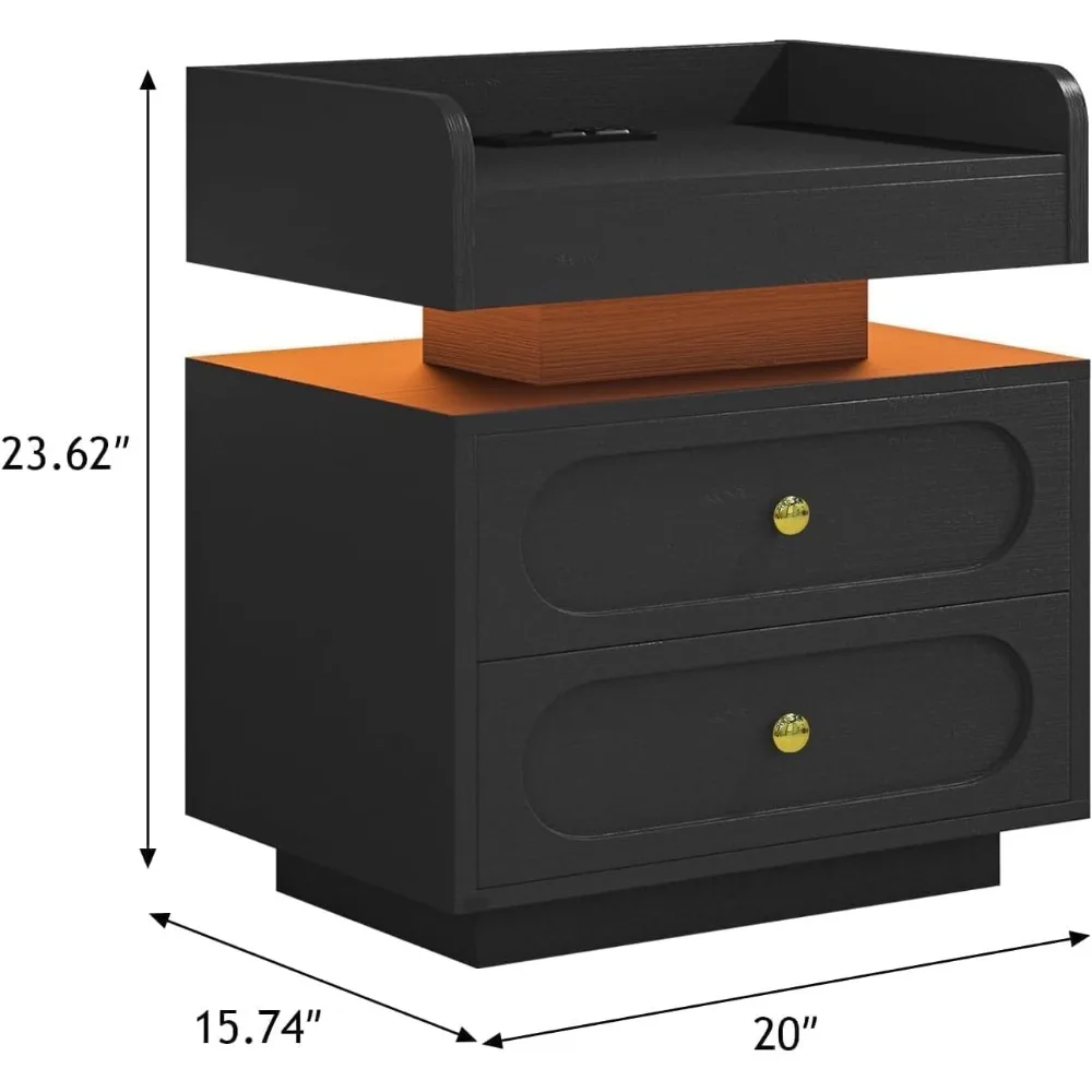 Estación de carga Juego de 2 mesitas de noche con luces LED, mesitas de noche con doble cajón, mesa auxiliar moderna para dormitorio