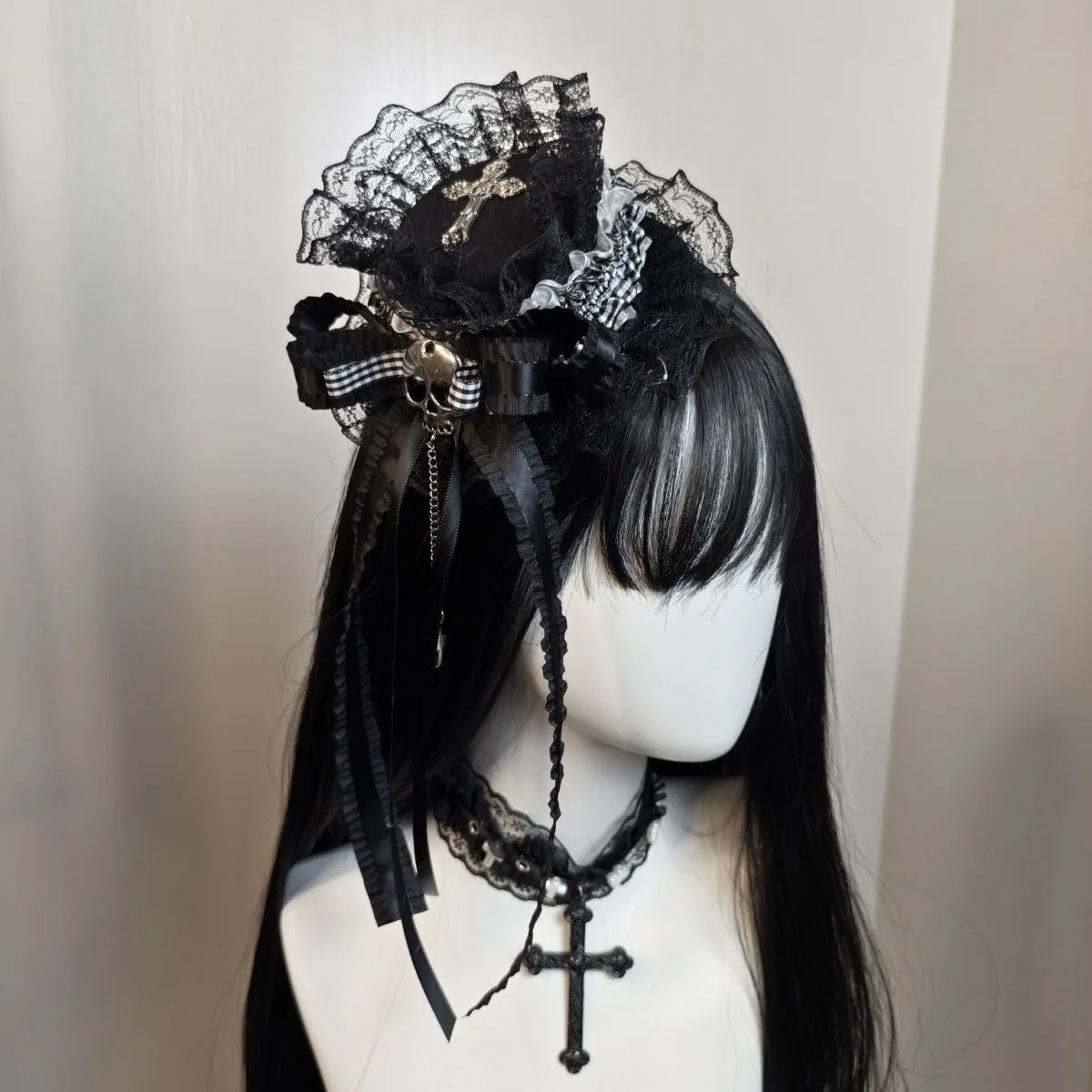 Y2K Kopfbedeckung Lolita Harajuku Mädchen Dark Gothic Schleife Spitze Totenkopf Kreuz Kleiner Hut Haarnadeln Mini Zylinder Haarspange