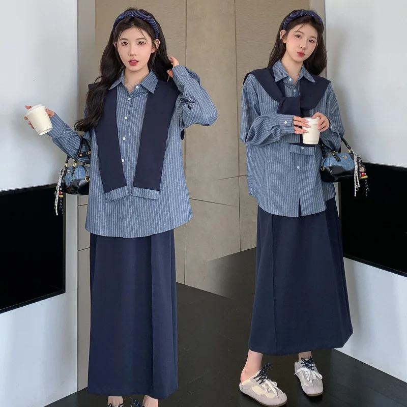 Camisa a rayas de manga larga para maternidad, traje de 3 piezas con chal y falda, moda informal holgada, estilo coreano, Vibe perezoso, otoño
