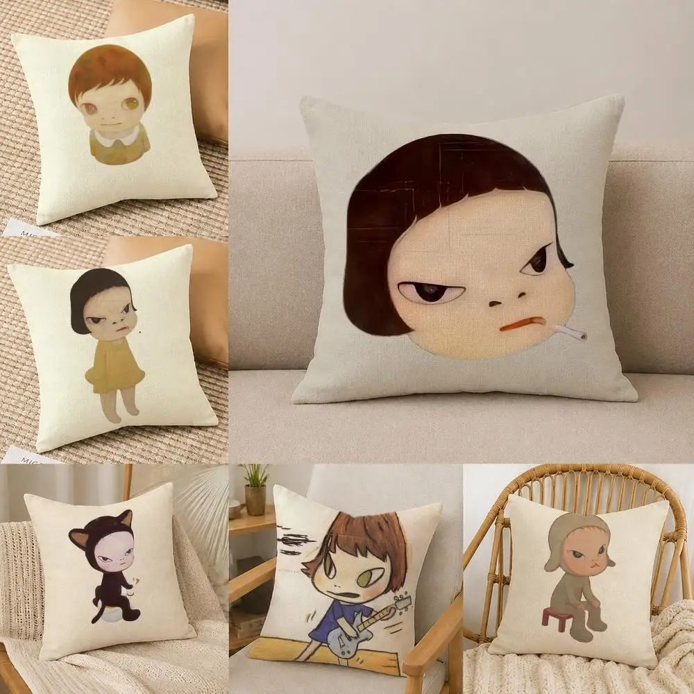 Artist Yoshitomo Nara Cushion Cover Natural Linen Pillowcase Set, All-in-One Decor for Sofa, Bedroom & Chair