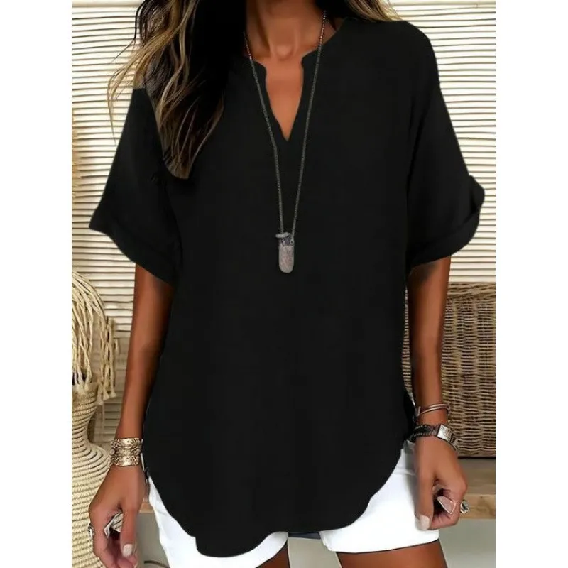 Camiseta de manga corta para mujer, oversize, de color liso, cuello en V, corte holgado, bajo curvo, en negro, blanco y verde menta