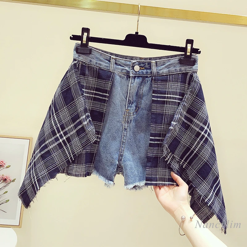 

Summer New Personalized Fake Two-Piece Plaid Stitching Denim Shorts Women's High Waist Wide Leg Hot Pants Girls Students