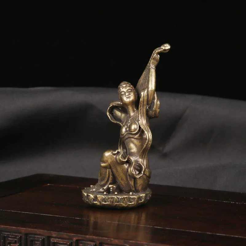 CH Antique Brass Dunhuang Flying Bronze Statue Desktop Ornaments Bounce Pipa Lady Statue China-Chic Ornaments Home Decor Items