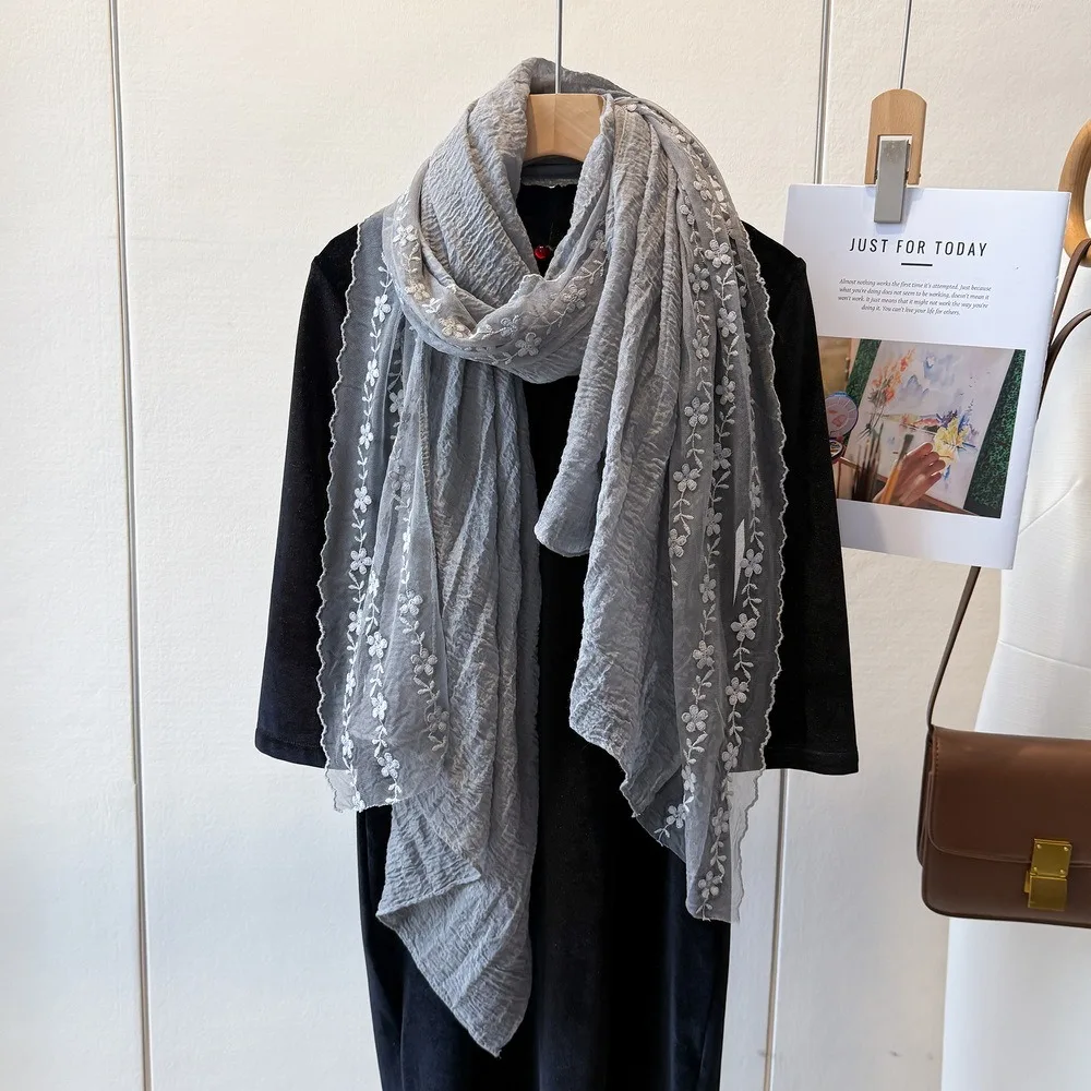 Versatile Cotton Linen Lace Patchwork Scarf Solid Color Long Thin Gauze Scarf Thin Breathable Shawl and Wrap for Women
