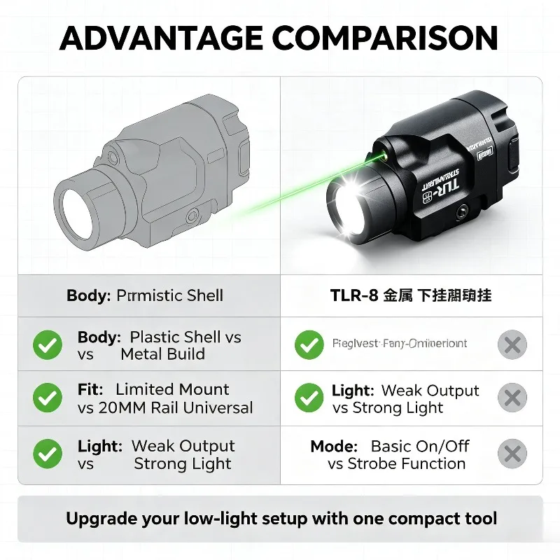 Light Output Adjustable TLR-8 Metal Flashlight Strobe Underbarrel Handheld Light 20MM Rail Fit