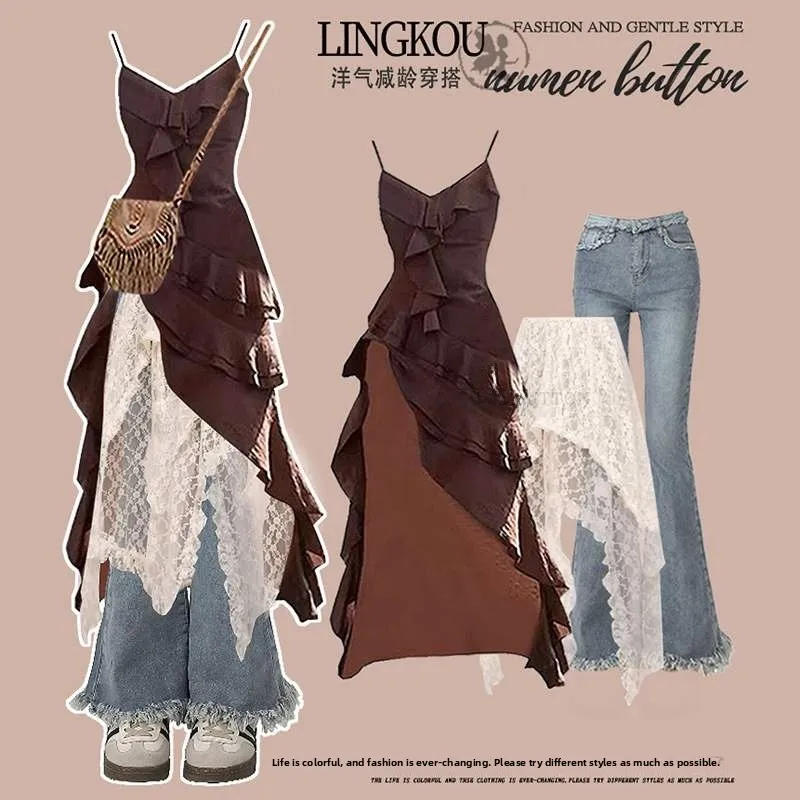 Ensemble en jean rétro grande taille avec dentelle fendue ter Dr et pantalon évasé amincissant t-shirt pièce femme automne Faion Dr