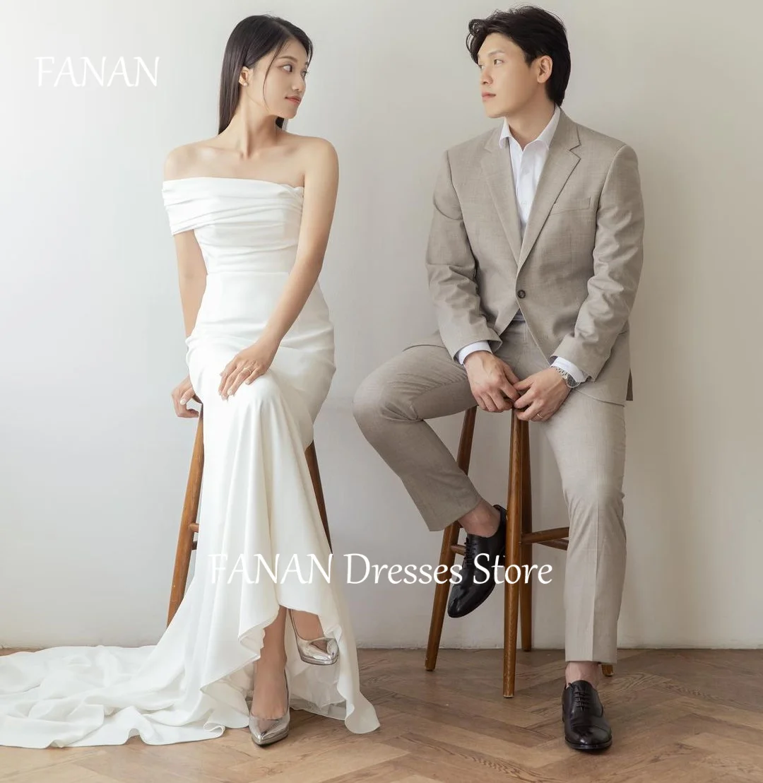 FANAN Korea One- Shoulder Mermaid Wedding Dresses 웨딩드레스 Ivory Sleeveless Ruched Beach Satin Custom Made Bride Gowns Plus Size