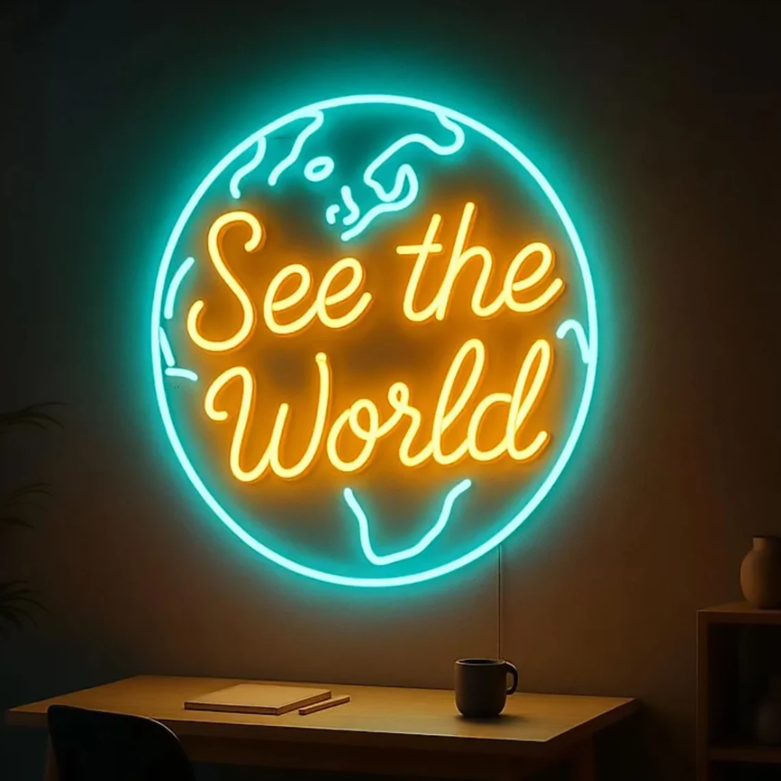 See the World Neon Sign Planet Earth Neon Adventure Wall Art Decor Home Bedroom Decor Travel Lovers Gift