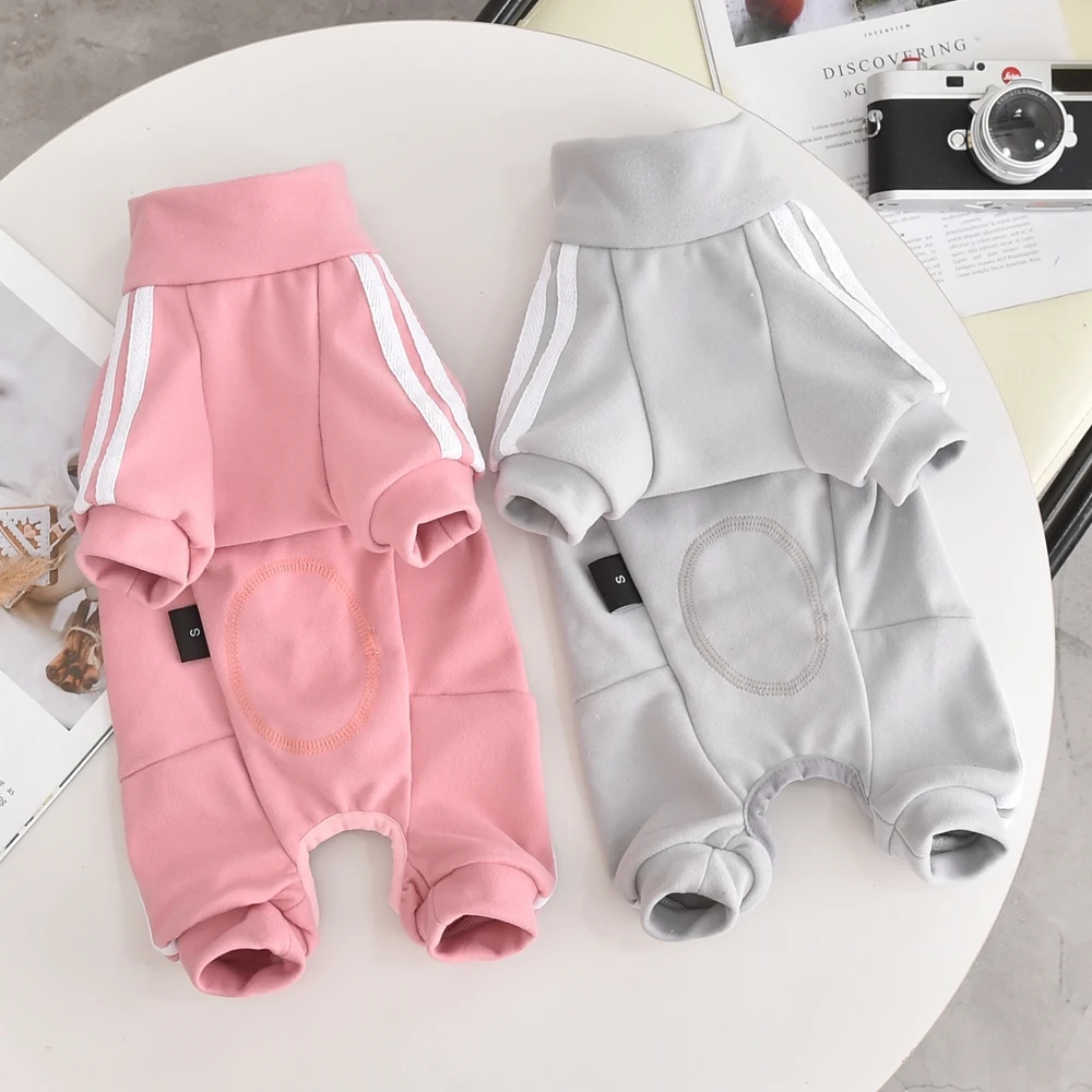 Sporty Clothes For Female Dog Pink Gray Costume For A French Bulldog Shih Tzu Girl Belly Closed Full-Body Thermal Pet Jumpsuit