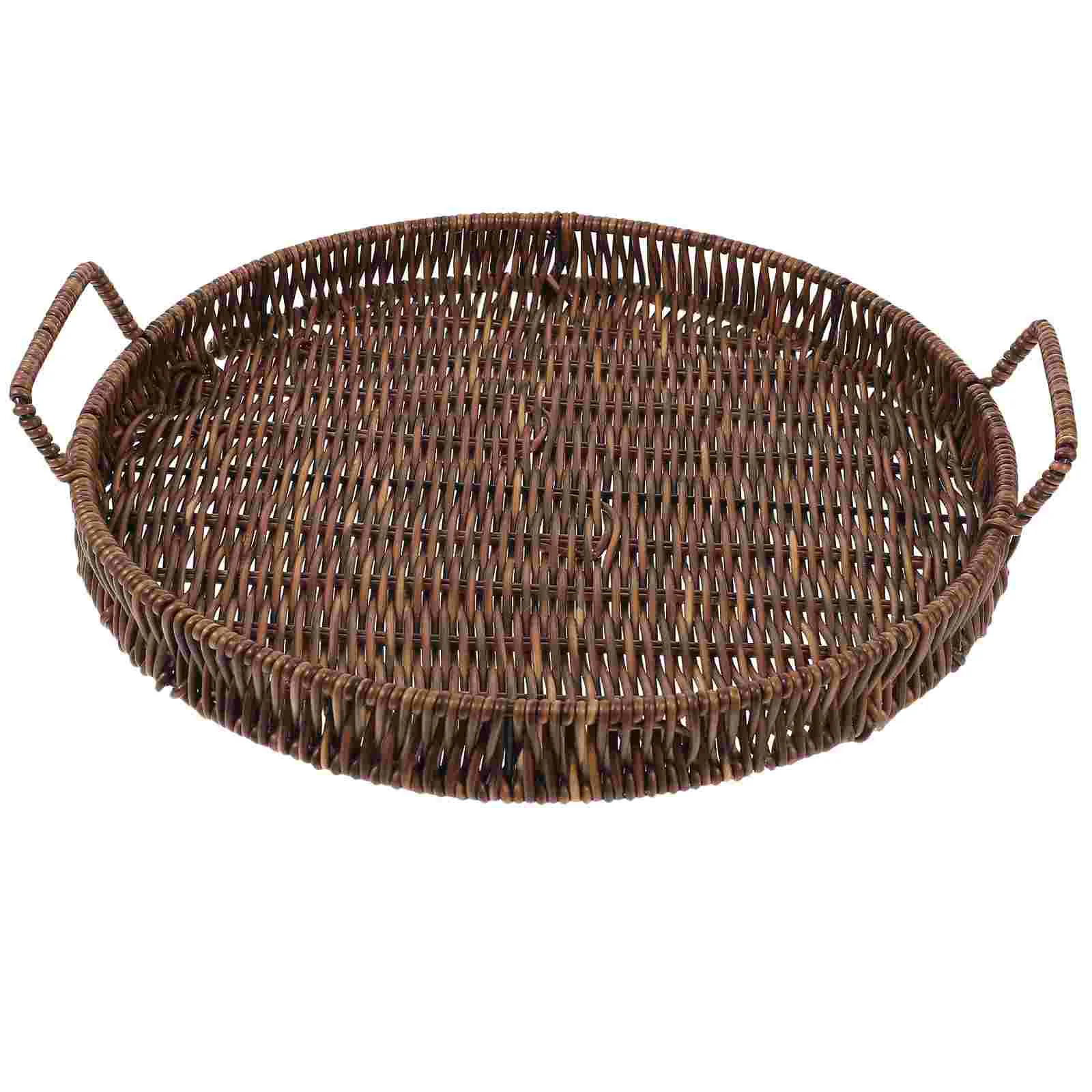 PP Imitation Rattan Round Decorative Coffee Table Tray Woven Basket Fruit Plate Storage Wicker Bread Serving 667 1 Double Ear