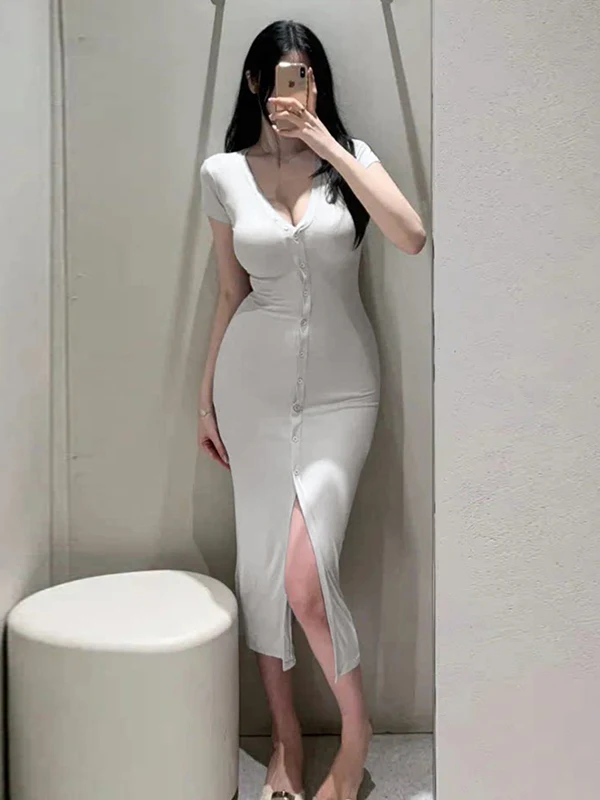 Elegant V-neck Single-button Wrap Dress Sexy High-waisted Mid-length Short-sleeve Women's Dress Dongda Gate New Arrival