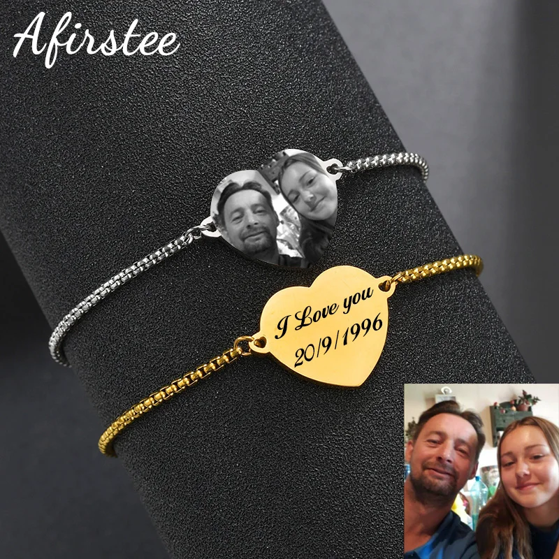 

Afirstee Custom Engrave Picture Bracelet For Women Stainless Steel Heart Pendant Engraved Name Date Bracelets Girl Jewelry
