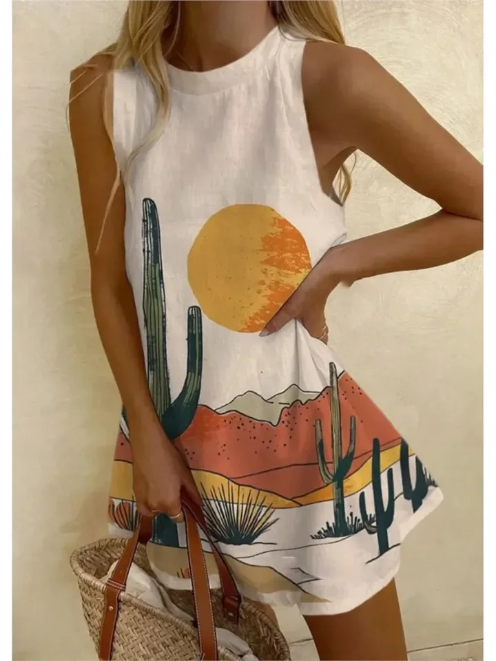 Robe sans manches pour femmes, imprimé mignon, Style Simple, robe courte, plage, vacances, fête, robes De fille, 2025