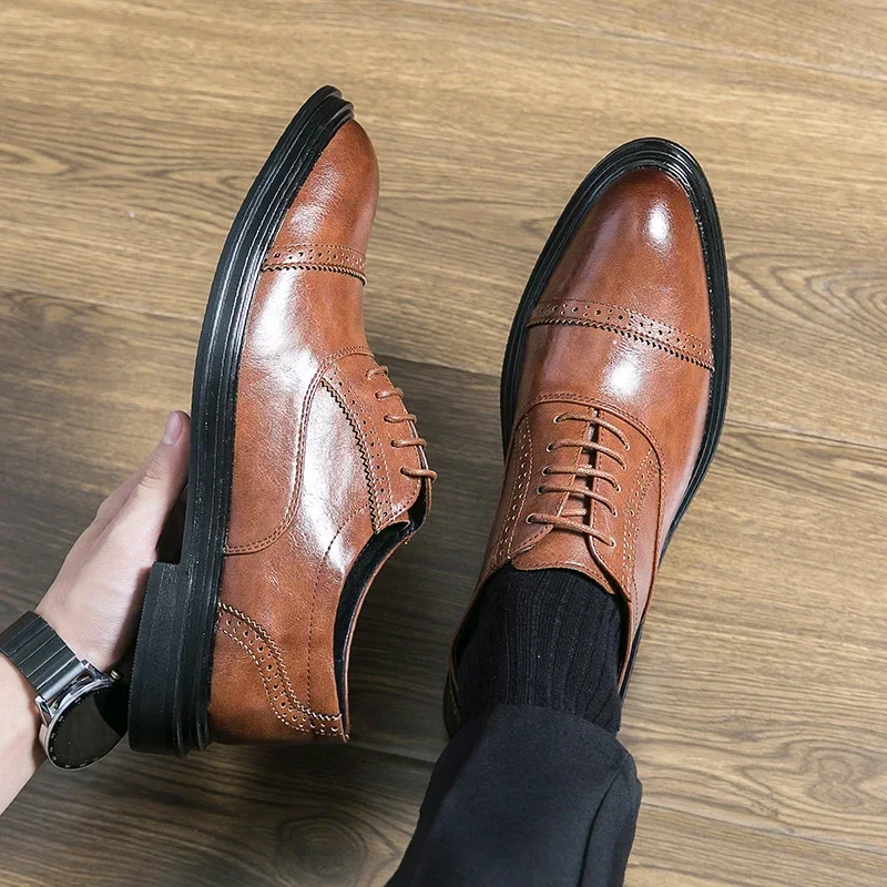 New Black Men Derby Shoes Brown Round Toe Lace-up Party Men's Formal Shoes Pu Leather  Size 38-46 Men Dress Shoes