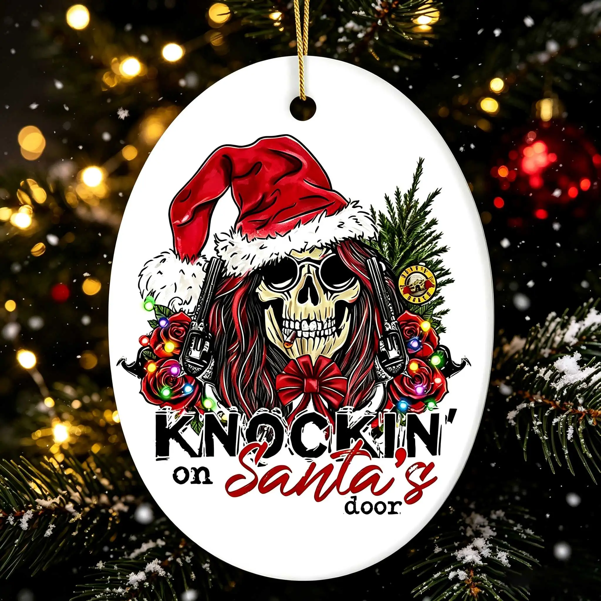 Knocking on Santa's Door: Granular rock-style Christmas decorations, rebellious gunslinger skulls and roses.